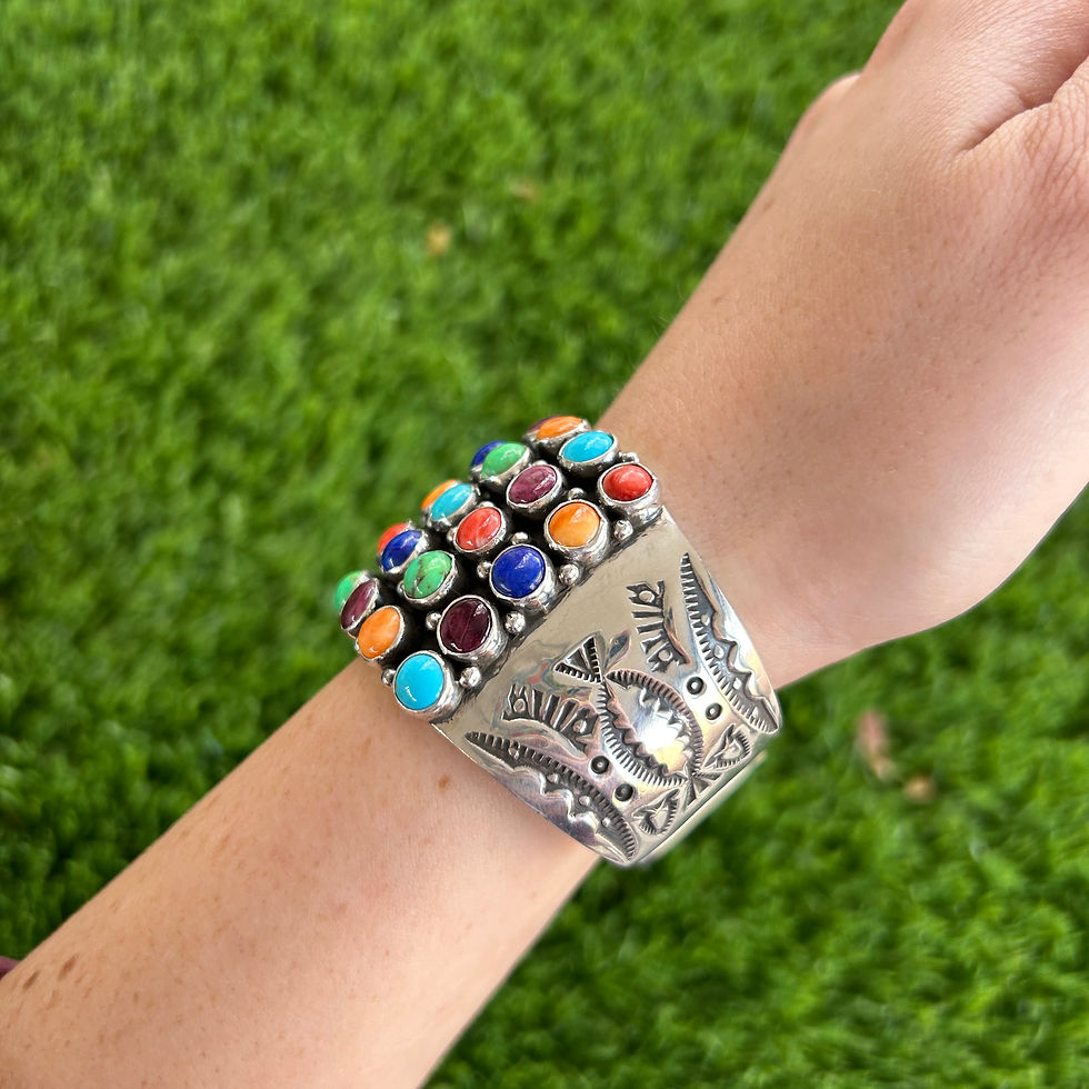 Thumbnail: 55-Stone Multi-Color Grid Sterling Silver Cuff Handmade by Navajo Happy Piasso
