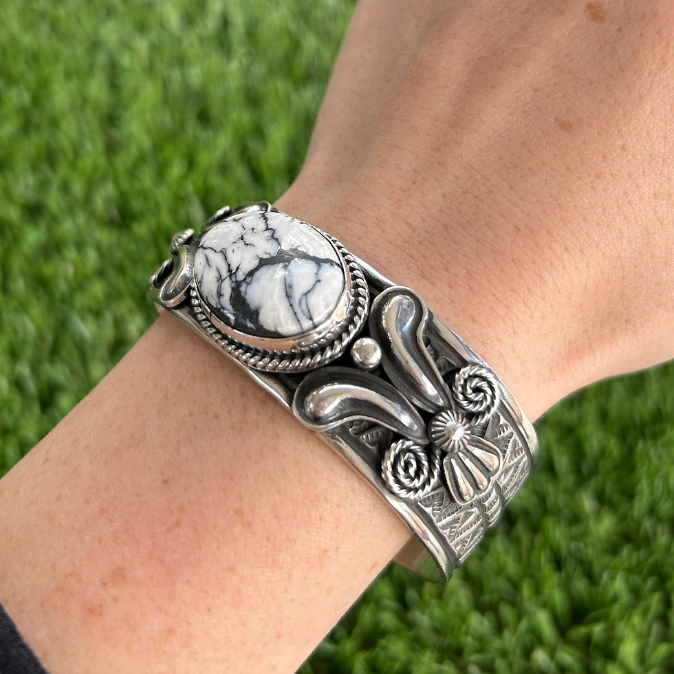 Thumbnail: S/M Oval White Buffalo Stampwork Stacker Cuff Handmade by Navajo Andy Cadman