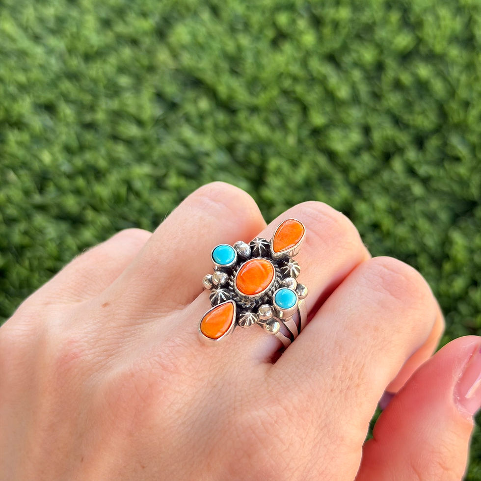 Thumbnail: Orange Spiny Sleeping Beauty Cluster Sterling Ring Handmade Navajo Linda Yazzie