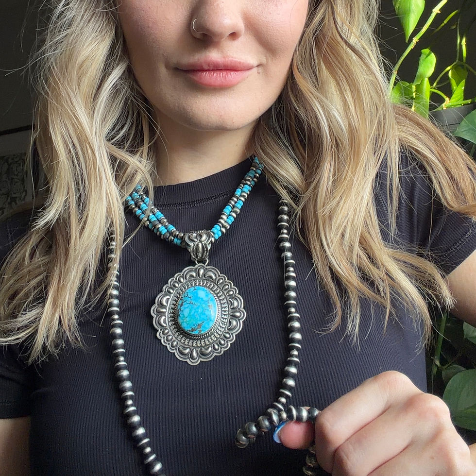Miniature : Gem Grade Kingman Turq Sterling Repoussé Pendant Handmade by Navajo Tsosie White