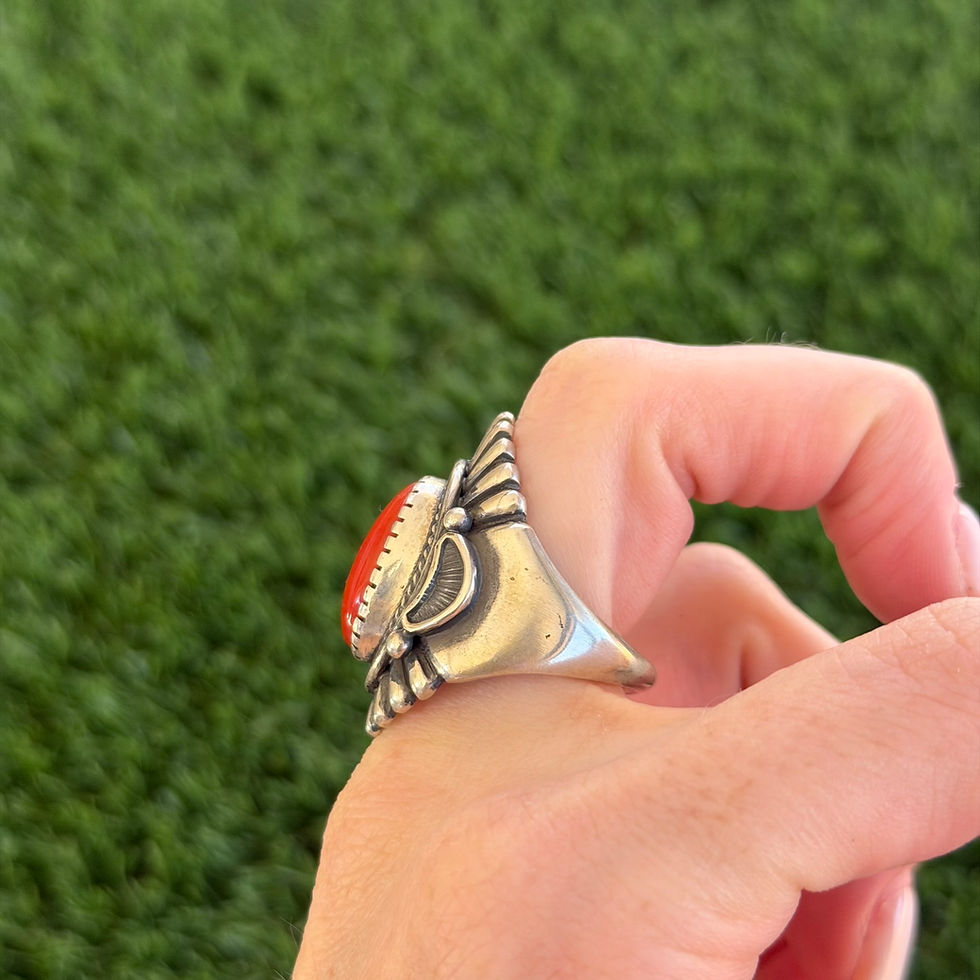 Miniature : Size 10.5 Natural Red Coral Elaborate Ingot Ring Handmade by Navajo Harry Begay