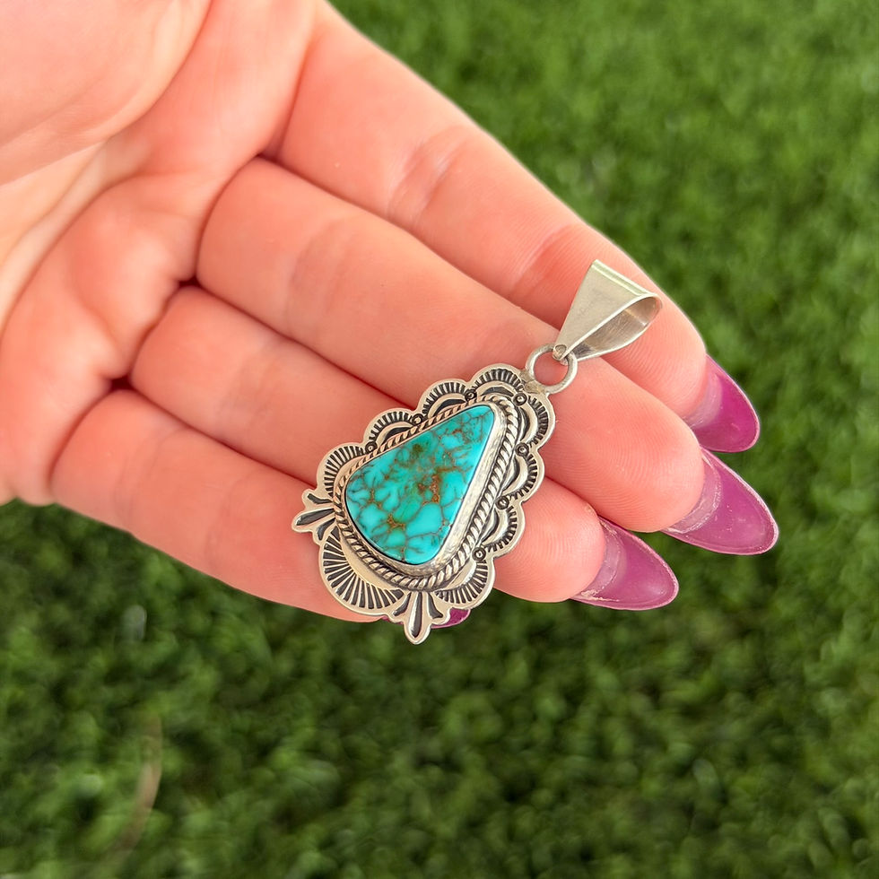 Thumbnail: Gem Grade Royston Turq Teardrop Stampwork Pendant Handmade Navajo Albert Jake