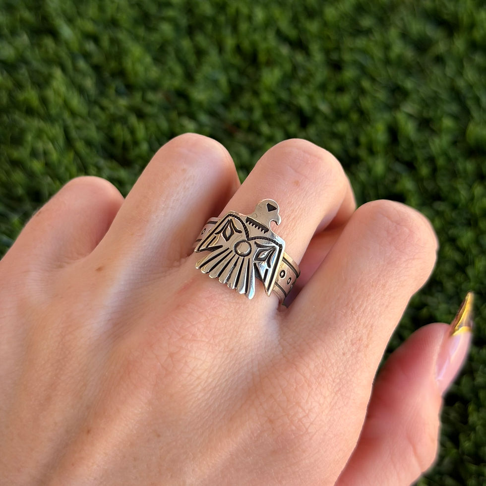 Thumbnail: Sterling Silver Thunderbird Stampwork Ring Vintage Navajo Handmade (Not Signed)