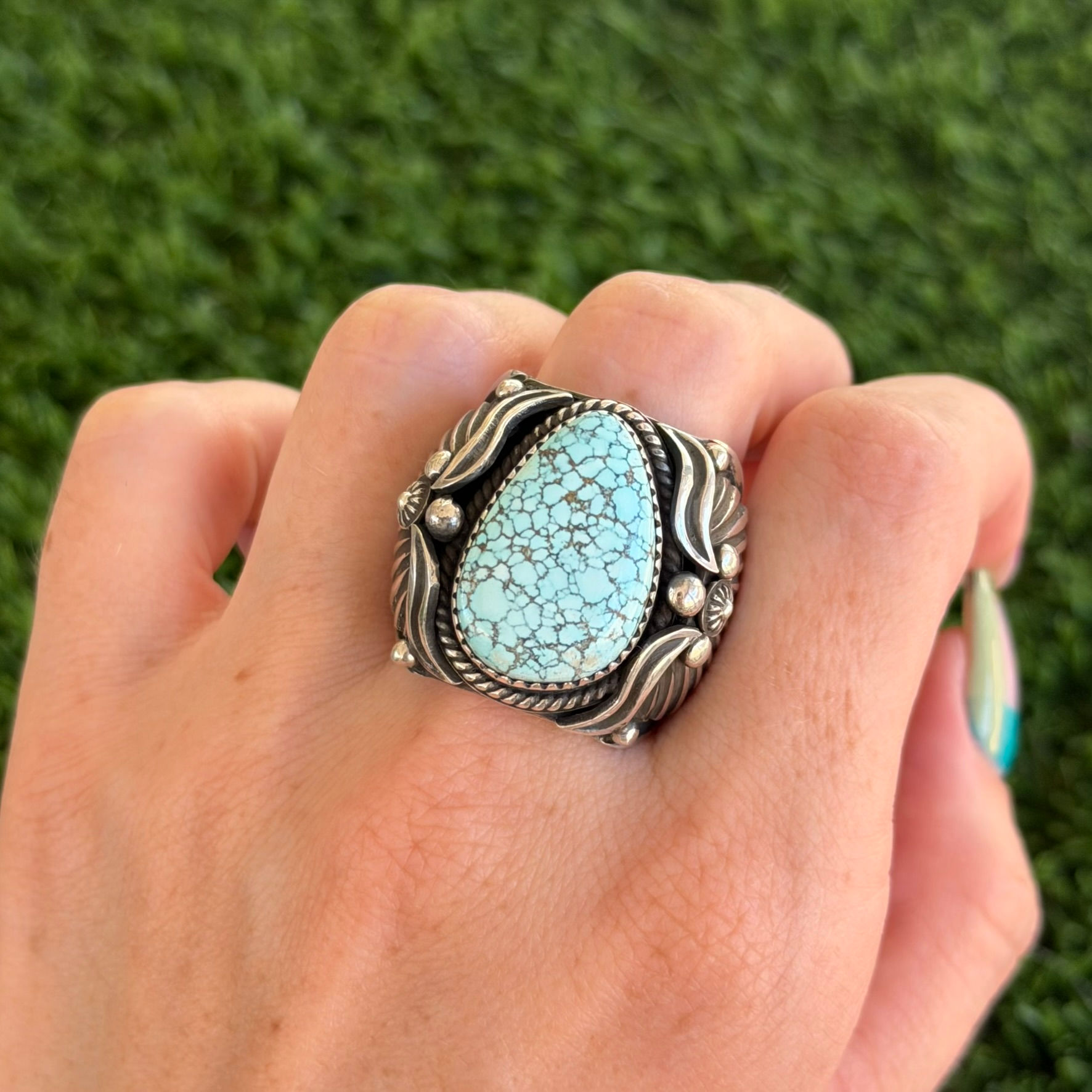 RARE Size 10.75 Gem Number 8 Strlg. Appliqué Ring Handmade Navajo Delbert Gordon