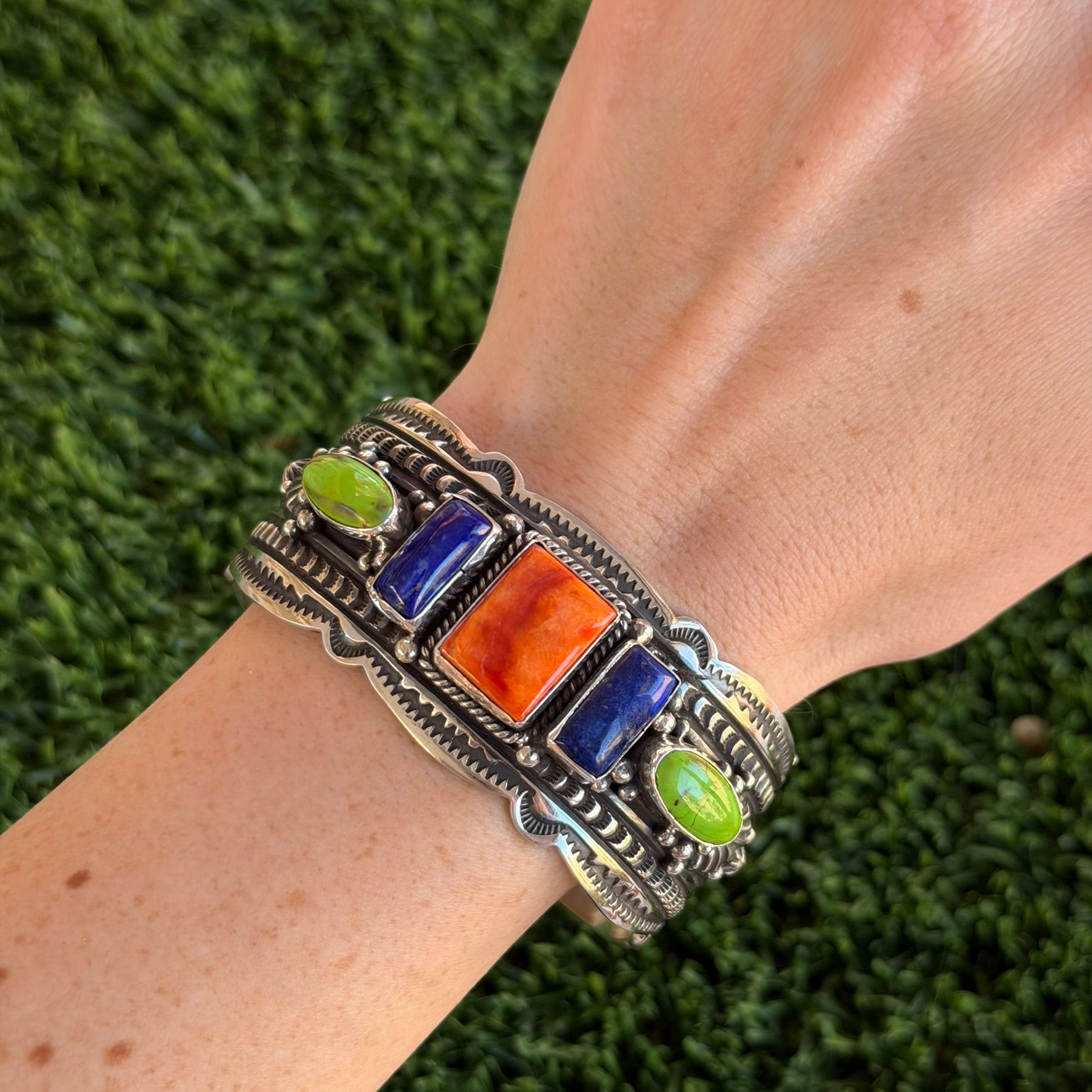 Multi-Stone Orange, Lapis, Mojave Turq 5-Stone Cuff Handmade Navajo Happy Piasso