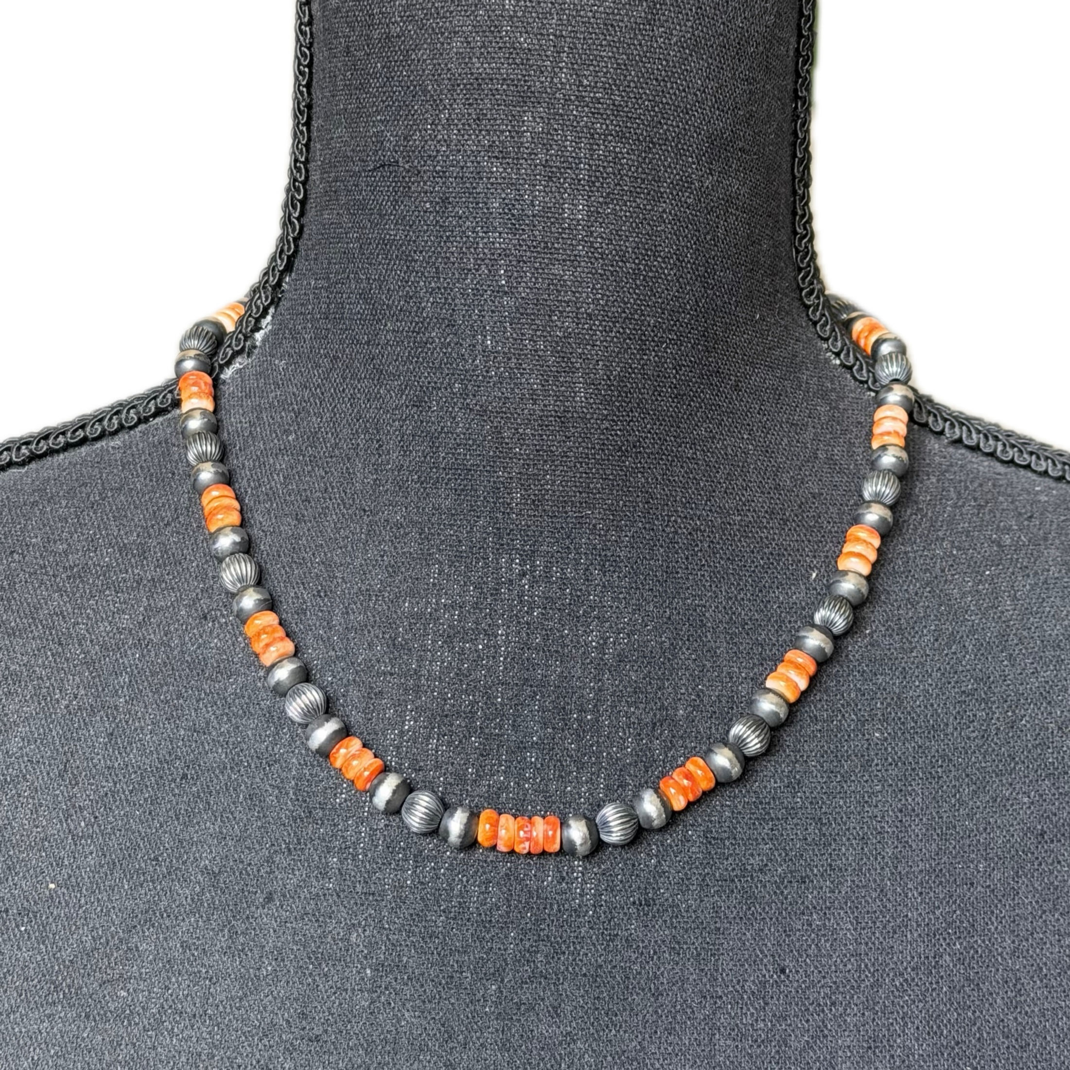 18" 7mm Orange Spiny Oyster Shell Navajo Pearl Necklace Navajo Hand-finished