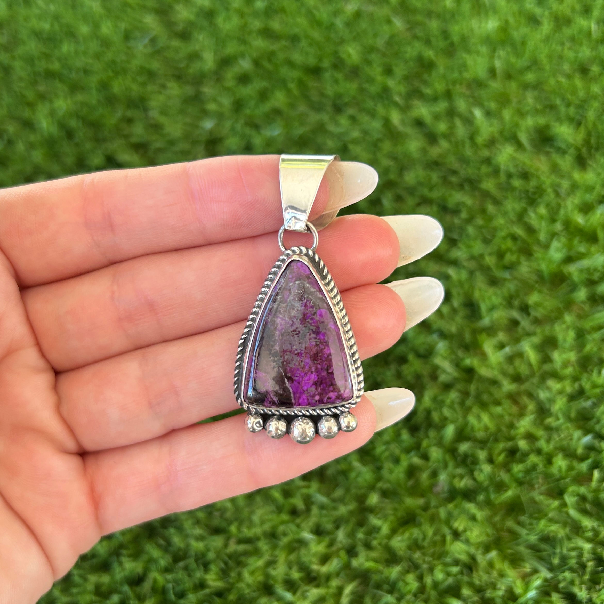 MD Sugilite Freeform Triangle Twistwire Pendant Handmade by Navajo Linda Yazzie