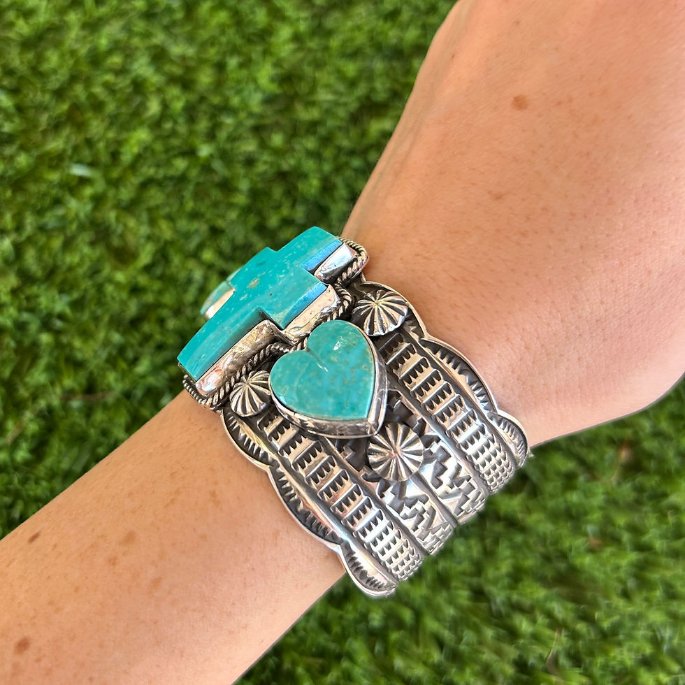 Thumbnail: XSKingman Turq Heart Cross Stampwork Stacker Cuff Handmade by Navajo Andy Cadman