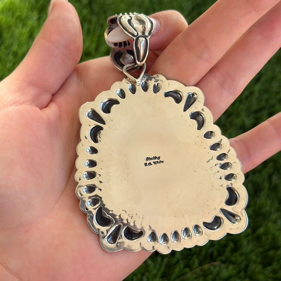 Miniature : RARE Gem Grade Morenci Turq Repoussé Pendant Handmade by Navajo Tsosie White