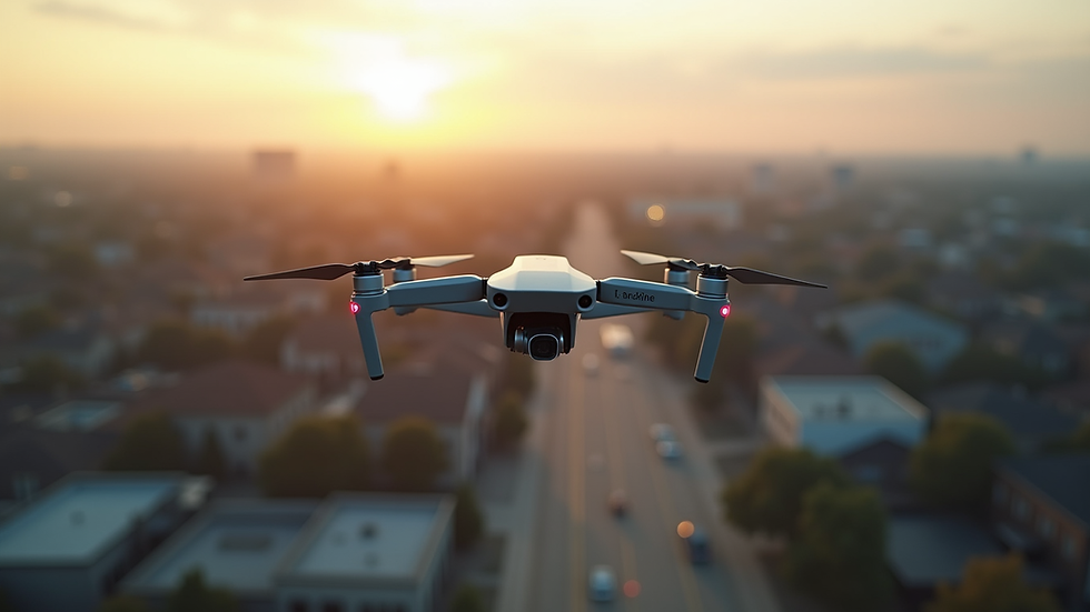 High angle view of a drone flying over Olathe cityscape