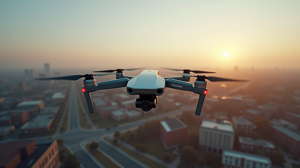 High angle view of a drone flying over Olathe cityscape