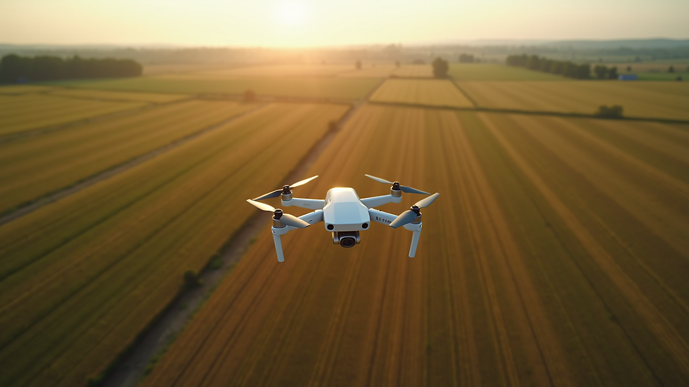 Eye-level view of a drone capturing aerial footage of a sprawling farm