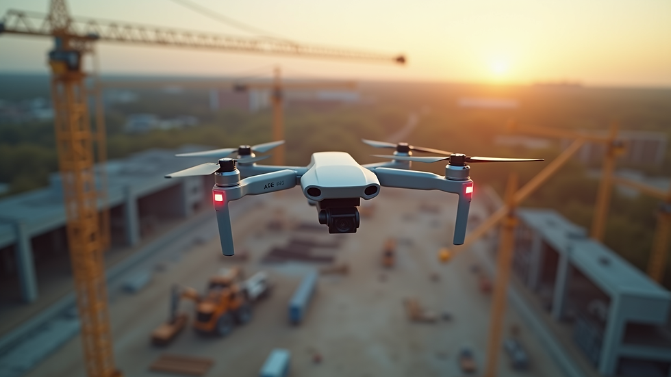 High angle view of a drone surveying a large construction site