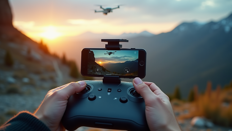 Eye-level view of a drone controller with a live aerial feed on the screen