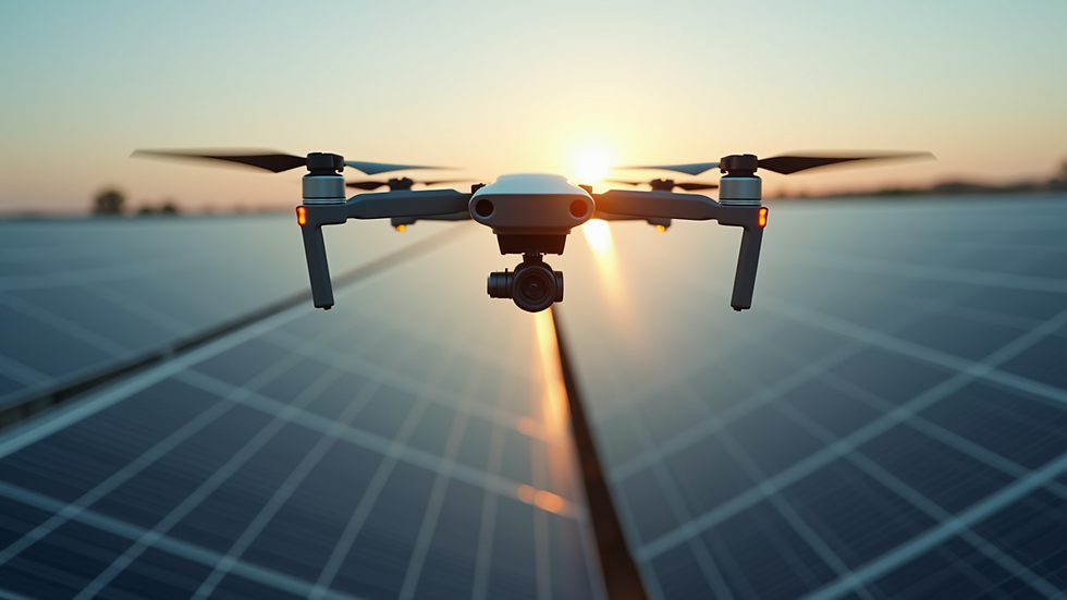 Eye-level view of a drone inspecting a large solar panel farm