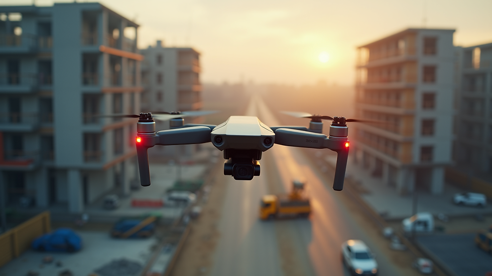 Eye-level view of a drone flying over a construction site