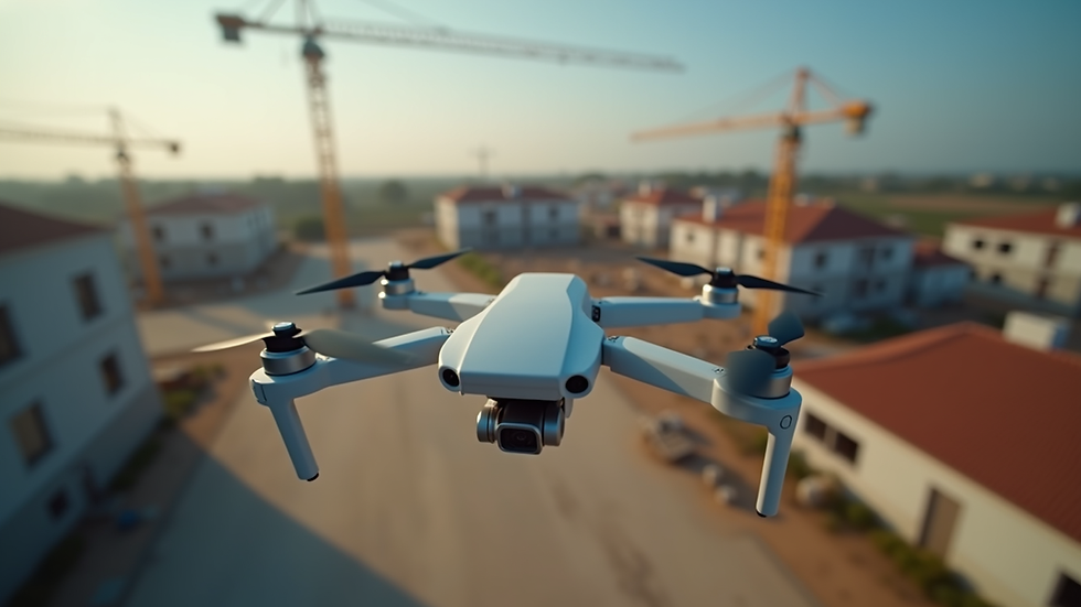 High angle view of a professional drone flying over a construction site
