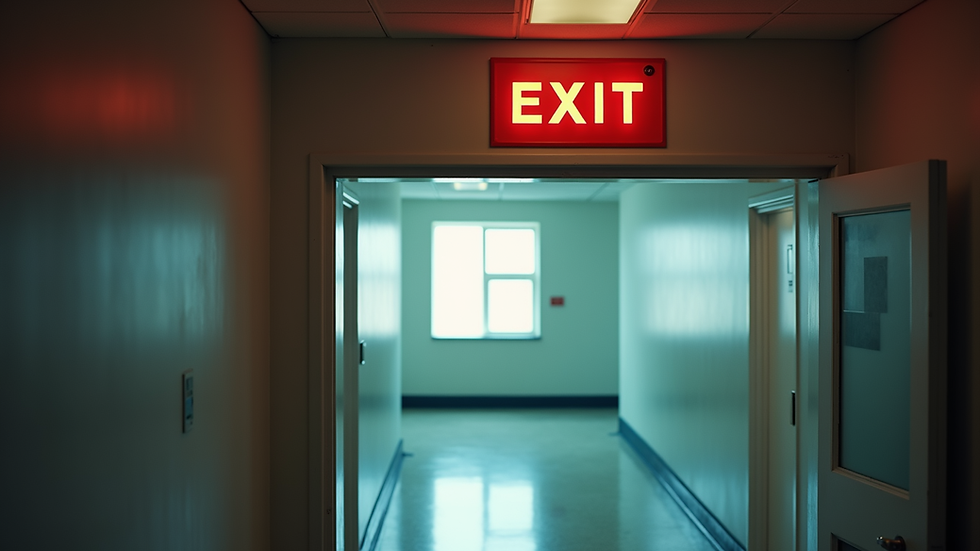 Eye-level view of a clear fire exit sign above an open door