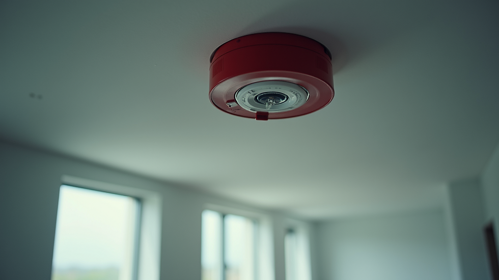 Close-up view of a fire alarm detector mounted on a ceiling