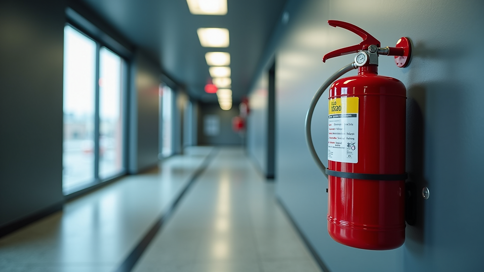 Close-up view of a fire extinguisher mounted on a wall in a commercial building