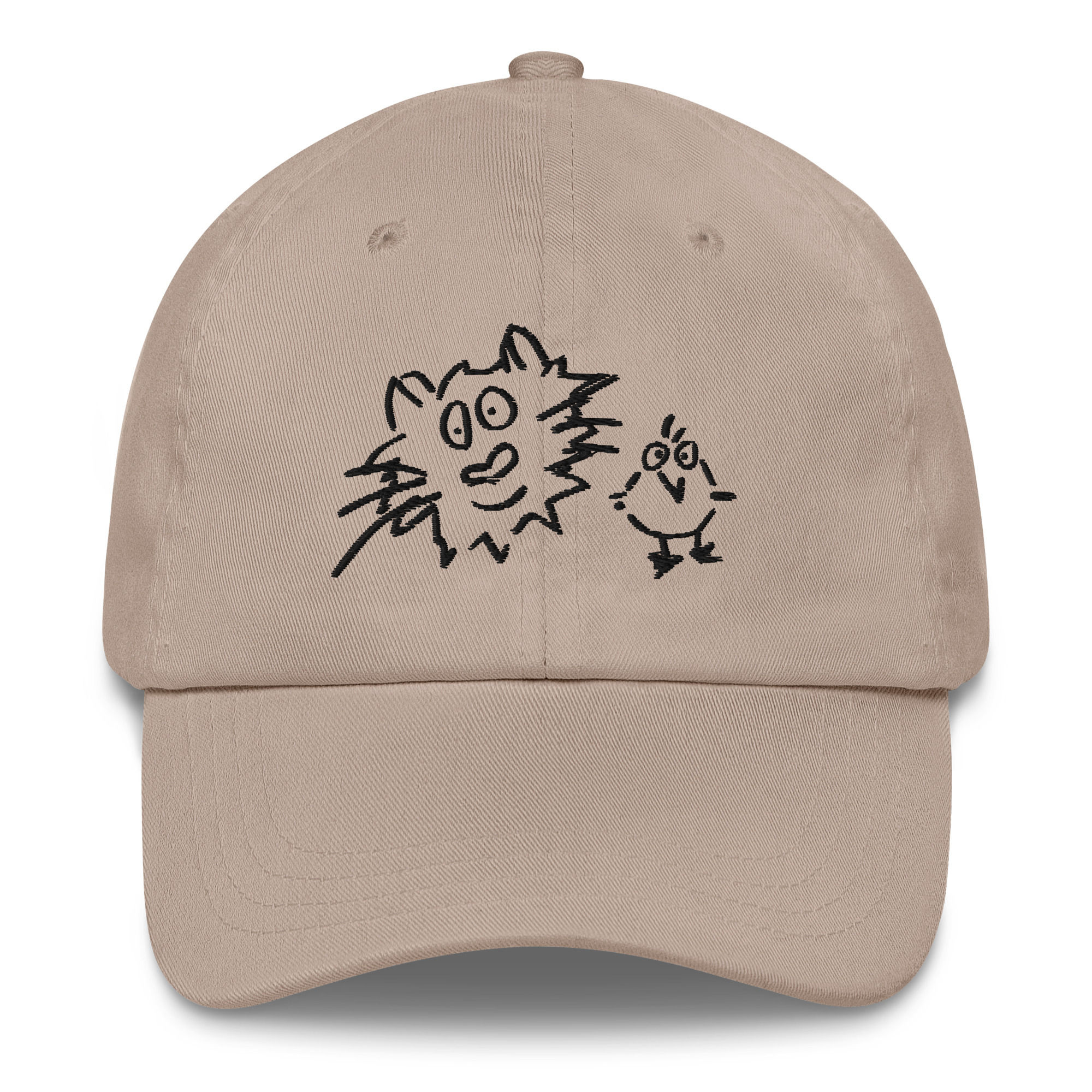 Tan baseball cap with cute cat and bird in black embroidery