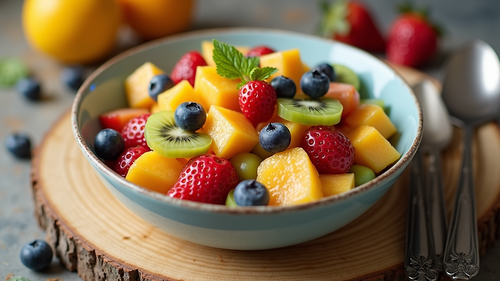 High angle view of a colorful fresh fruit salad in a bowl