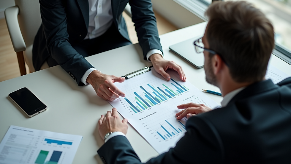 High angle view of a financial advisor explaining reports to a client