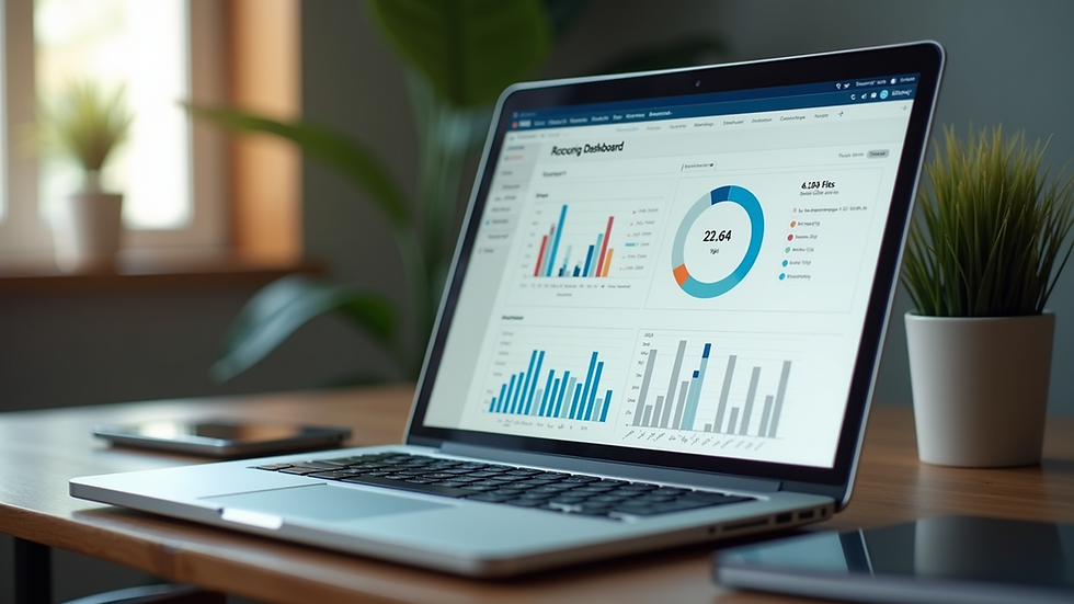 Eye-level view of a laptop screen showing accounting software dashboard
