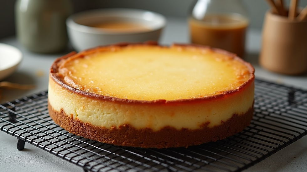 High angle view of a whole protein-rich cheesecake cooling on a wire rack
