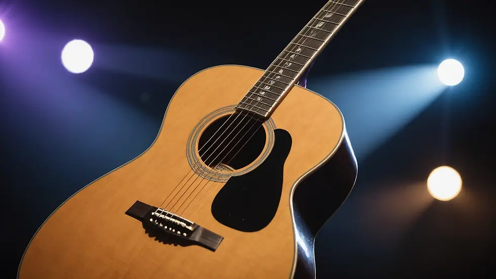 Close-up view of an acoustic guitar on stage with a spotlight