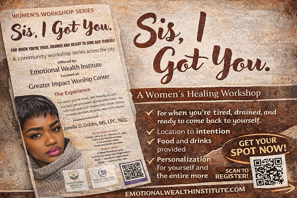 Workshop titled "Sis, I Got You." Features a woman's photo, event details, QR code for registration, and emphasizes healing and support.