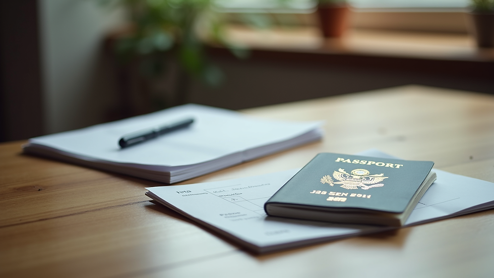 Close-up view of official documents and a passport on a wooden table