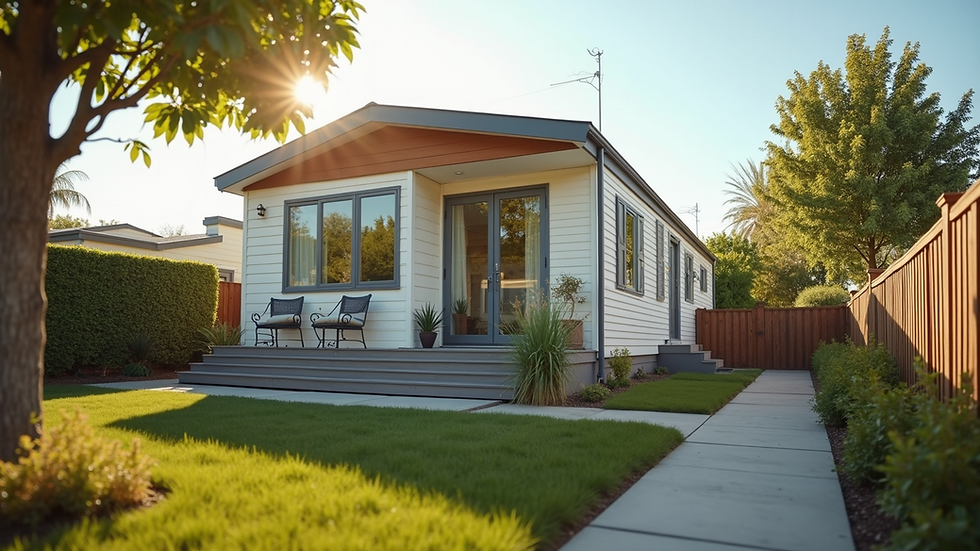 Eye-level view of a modern mobile home exterior in a sunny neighborhood