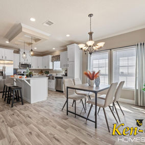 Modern kitchen and dining room with text, Ken-Co Homes Inc. Timberview 32663E.