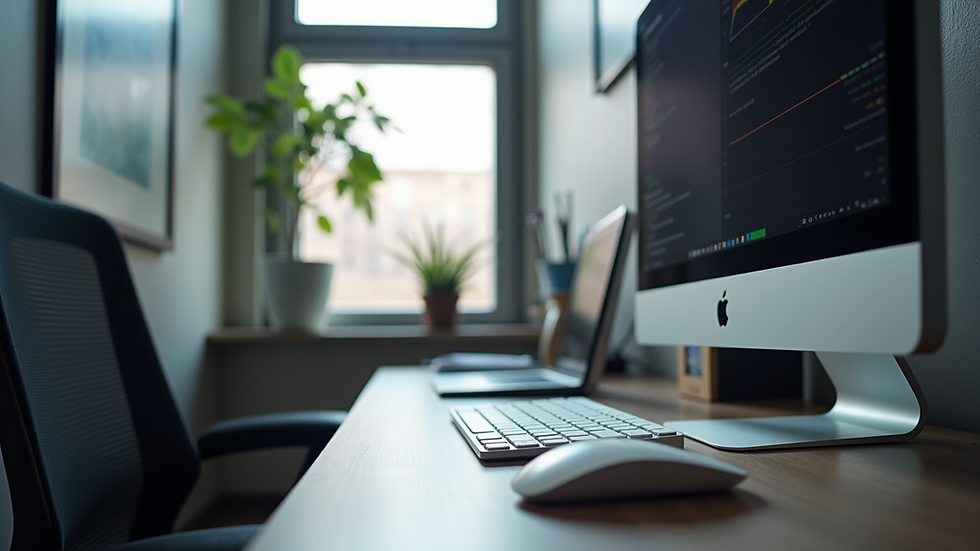 Eye-level view of a modern workspace with a sleek computer setup