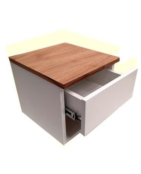 mesa de luz flotante laqueada con estante y cajón con correderas telescópicas, producto a medida