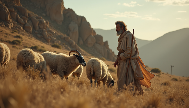 High angle view of a shepherd tending sheep in a rugged landscape
