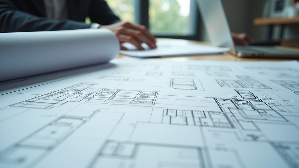 Close-up view of architectural blueprints and technical drawings on a desk