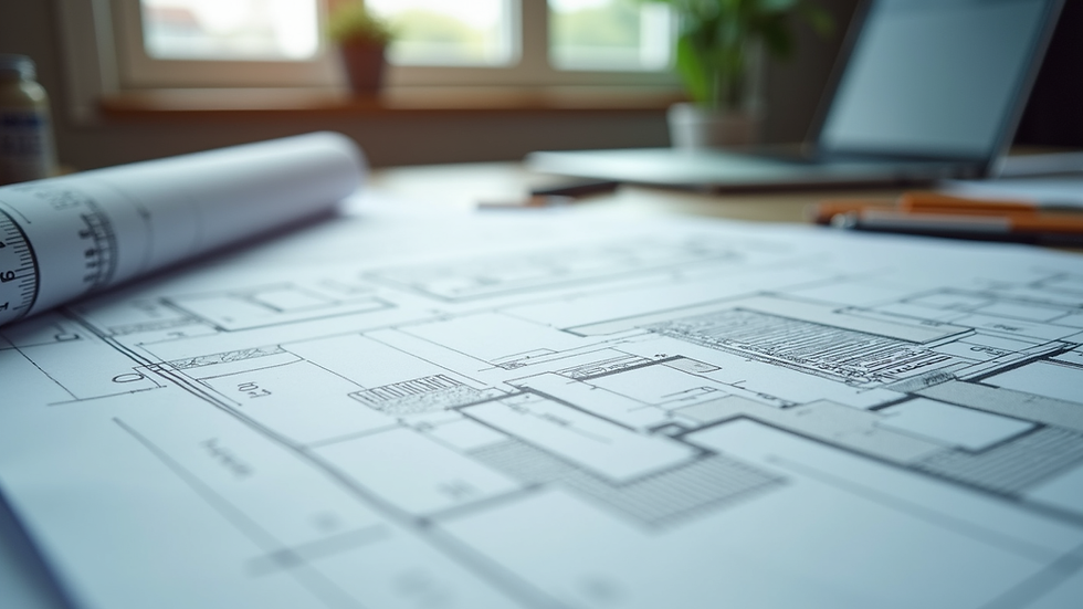 Close-up view of architectural blueprints and technical drawings on a desk