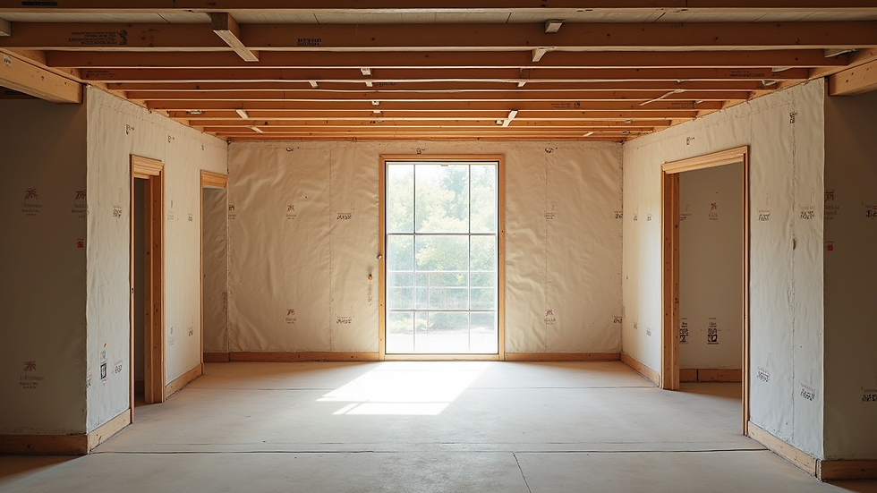 High angle view of a loft space under construction with exposed beams and insulation