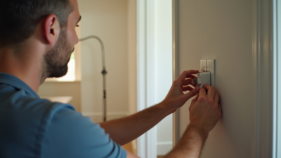 Eye-level view of an electrician installing a GFCI outlet in a residential home