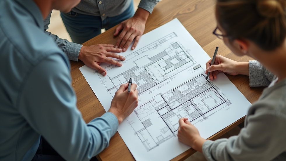 High angle view of an architect discussing building plans with a homeowner