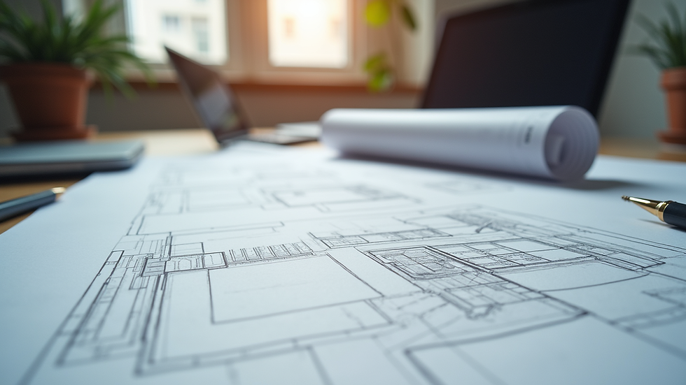 Eye-level view of detailed architectural drawings on a desk