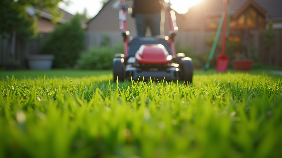 Eye-level view of a freshly mowed green lawn with garden tools
