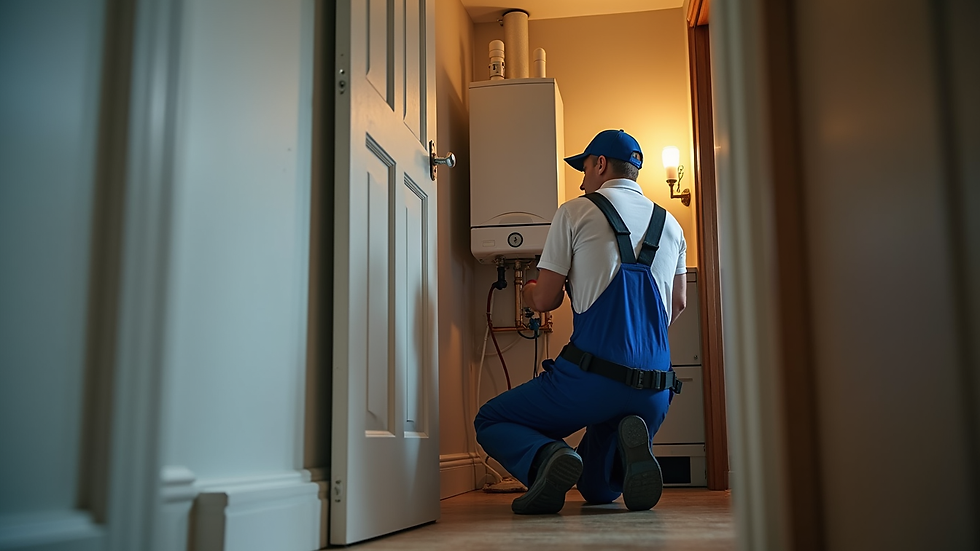 Eye-level view of a local plumber inspecting a boiler in a residential home