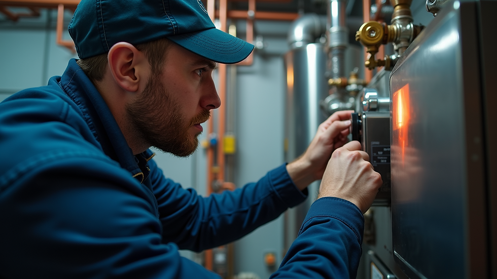 Eye-level view of a heating engineer inspecting a boiler