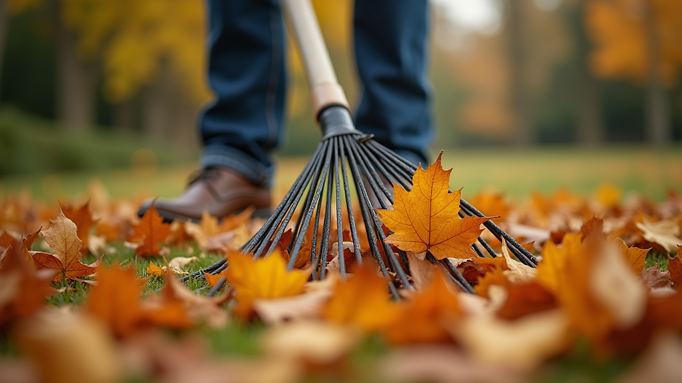 Close-up of autumn leaves being raked in a garden