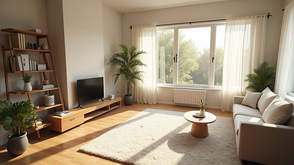 High angle view of a freshly cleaned living room with sunlight