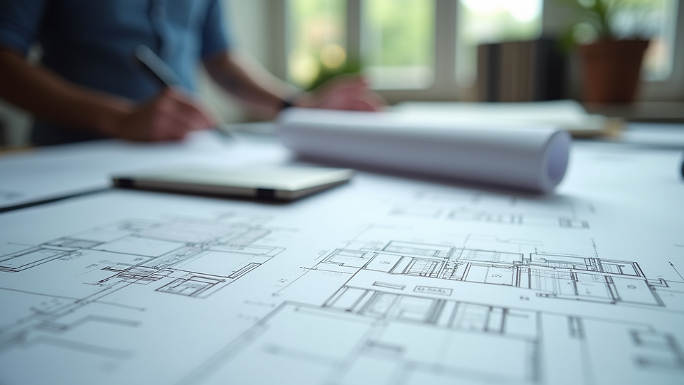 Close-up view of architectural drawings and planning documents on a desk