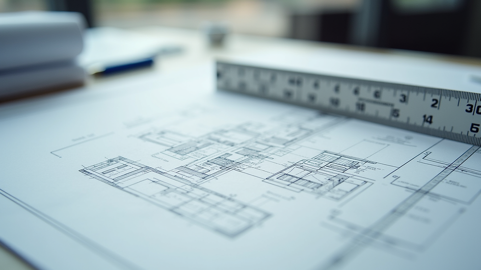 Close-up view of architectural blueprints and a scale ruler on a desk